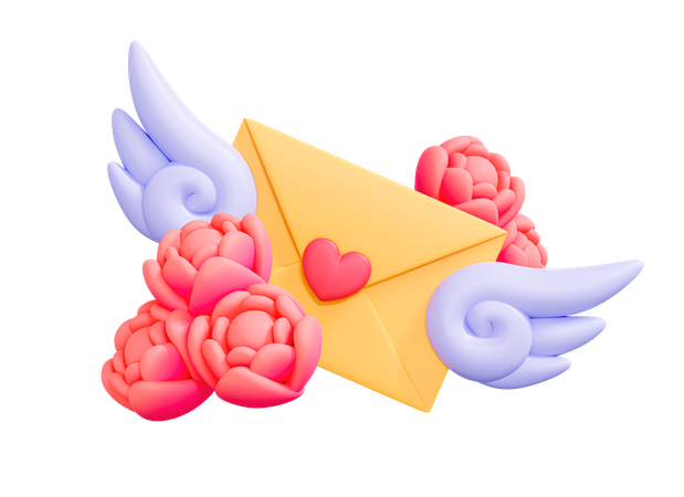 Greeting Card With Wings And Roses  3D Icon