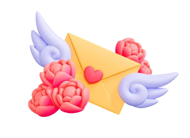 3 D Greeting Card With Wings And Pink Roses Letter In Envelope With Peonies Wedding Invitation Flowers For Mothers Day Cartoon Creative Design 3D Icon