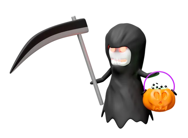3 D Halloween Holiday Party With Grim Reaper Hand Holding Scythe Magic Cauldron Pumpkin Eye Isolated 3D Icon