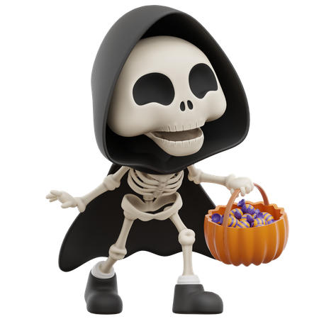 Grim Reaper Carrying Candy Bucket  3D Illustration