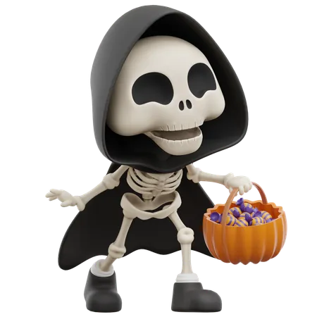 Grim Reaper Carrying Candy Bucket  3D Illustration