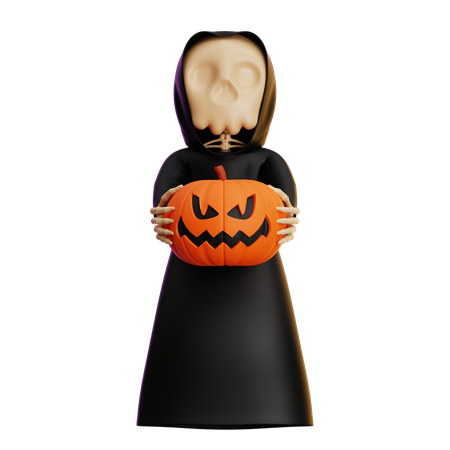 Grim Reaper Carrying Scary Pumpkin  3D Illustration