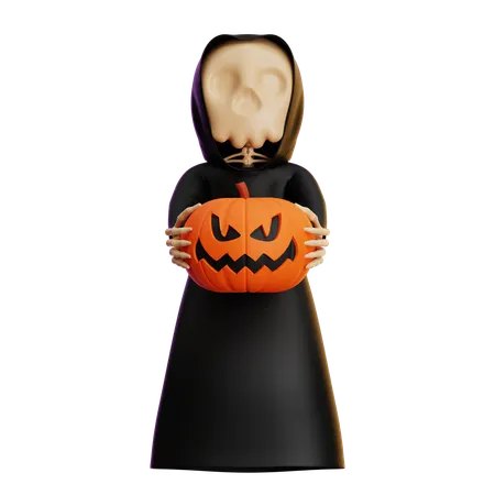 Grim Reaper Carrying Scary Pumpkin  3D Illustration