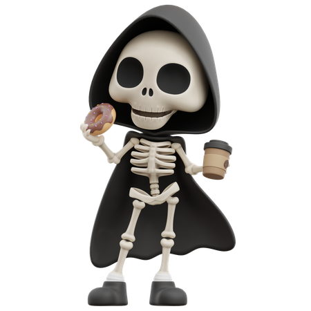 Grim Reaper Eating Donut And Drinking Coffee  3D Icon