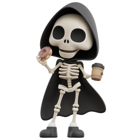 Grim Reaper Eating Donut And Drinking Coffee  3D Illustration