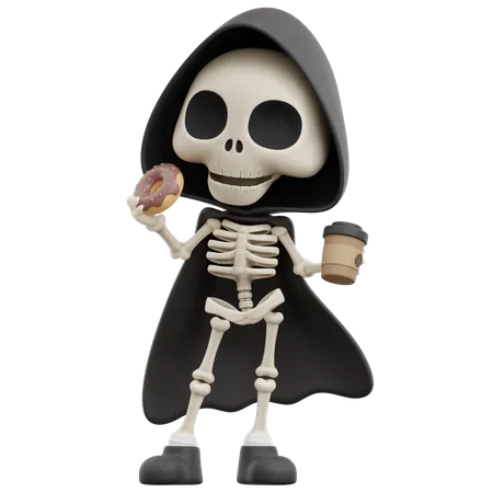 Grim Reaper Eating Donut And Drinking Coffee  3D Illustration