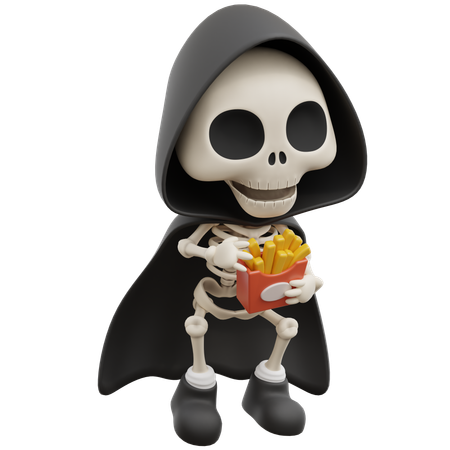 Grim Reaper Eating French Fries  3D Illustration