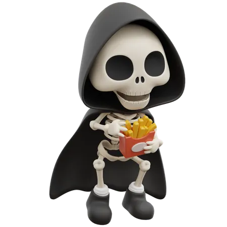 Grim Reaper Eating French Fries  3D Illustration