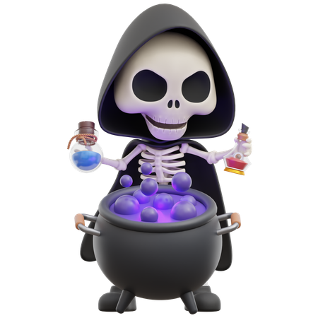 Grim Reaper faz poções no caldeirão  3D Illustration