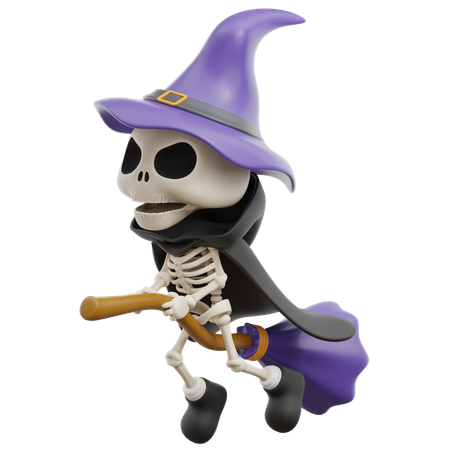 Grim Reaper Flying With Broomstick  3D Illustration