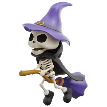 Grim Reaper Flying With Broomstick  3D Illustration