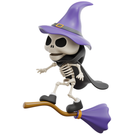 Grim Reaper Flying With Broomstick  3D Illustration