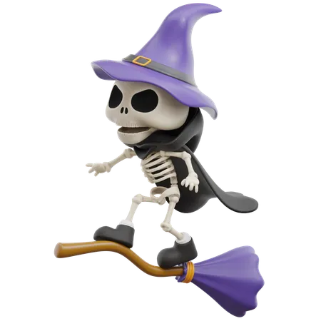 Grim Reaper Flying With Broomstick  3D Illustration