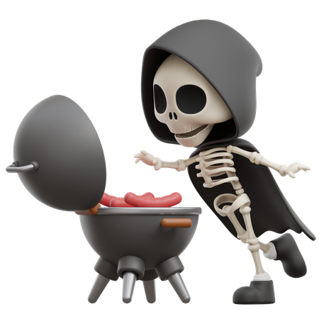 Grim Reaper Grilling Sausages  3D Illustration