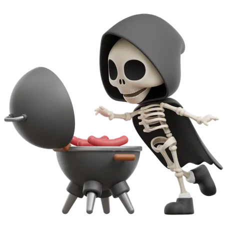 Grim Reaper Grilling Sausages  3D Illustration