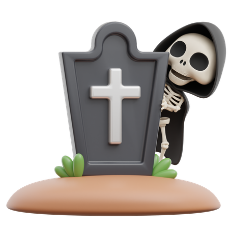 Grim Reaper Hiding Behind Tombstone  3D Illustration