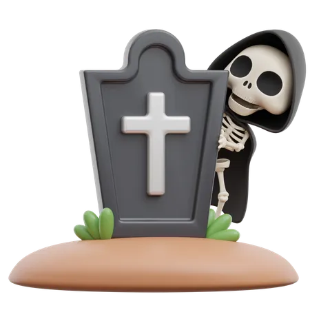 Grim Reaper Hiding Behind Tombstone  3D Illustration