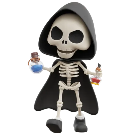 Grim Reaper Holding Chemical Bottle  3D Illustration