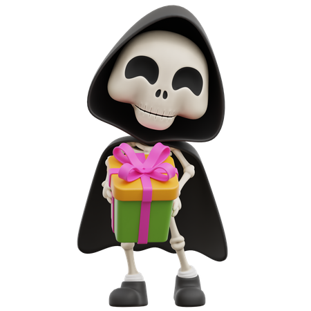 Grim Reaper Holding Gift Box  3D Illustration