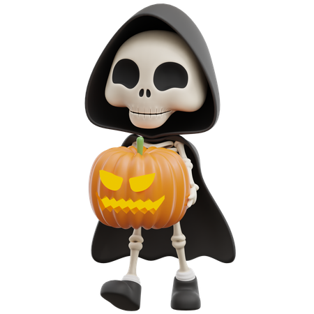 Grim Reaper Holding Pumpkin Head  3D Illustration