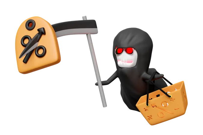3 D Halloween Day With Grim Reaper Holding Shopping Basket Scythe Price Tags Coupon Isolated Marketing Promotion Bonuses Concept 3D Icon