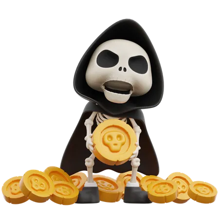 Grim Reaper Lifting Coin  3D Illustration