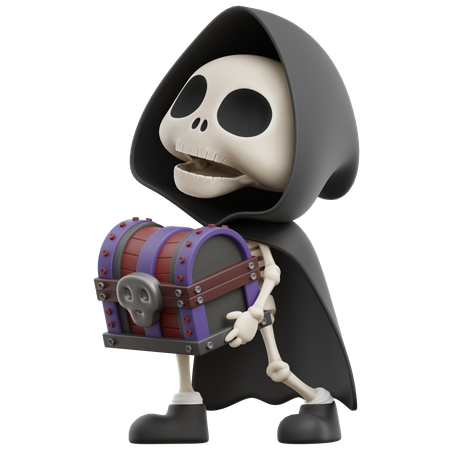 Grim Reaper Lifting Treasure Chest  3D Illustration