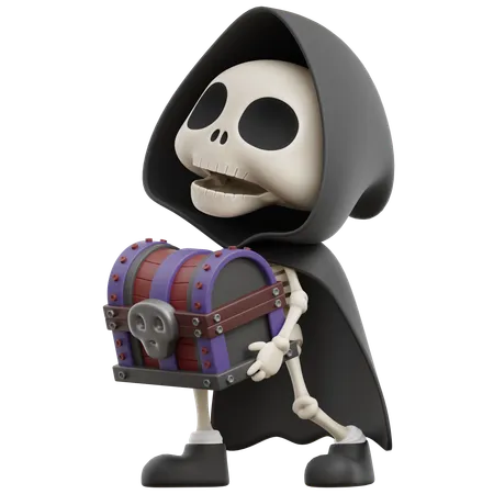 Grim Reaper Lifting Treasure Chest  3D Illustration