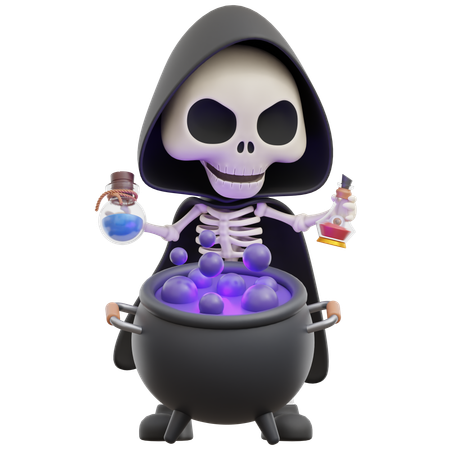 Grim Reaper Make Potions In Cauldron  3D Illustration