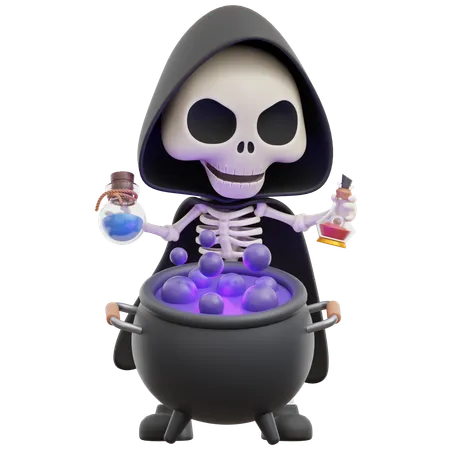 Grim Reaper Make Potions In Cauldron  3D Illustration