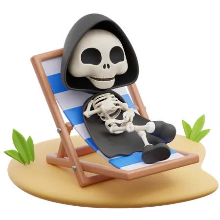 Grim Reaper Relaxing On Beach Chair  3D Illustration