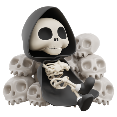 Grim Reaper Rests On Pile Of Skulls  3D Illustration