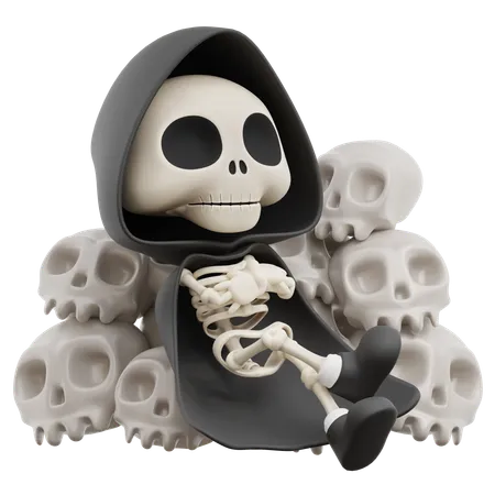 Grim Reaper Rests On Pile Of Skulls  3D Illustration