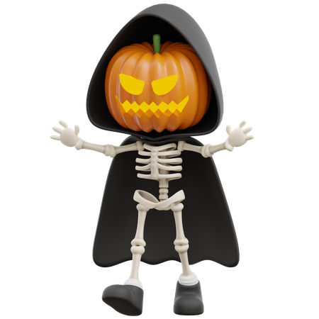 Grim Reaper Wearing Pumpkin Head Costume  3D Illustration