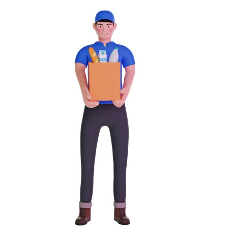 Grocery delivery courier man in uniform with grocery bag  3D Illustration