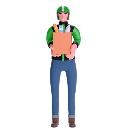 Grocery delivery courier man in uniform with grocery box  3D Illustration