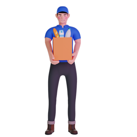 Grocery delivery courier man in uniform with grocery bag 3D Illustration