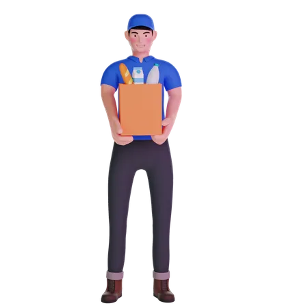 Grocery Delivery Courier Man In Uniform With Grocery Bag On Transparent Background 3 D Illustration 3D Illustration