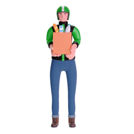 Grocery delivery courier man in uniform with grocery box 3D Illustration