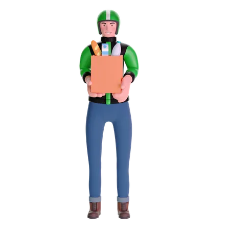 Grocery Delivery Courier Man In Uniform Jacket With Grocery Box On Transparent Background 3 D Illustration 3D Illustration