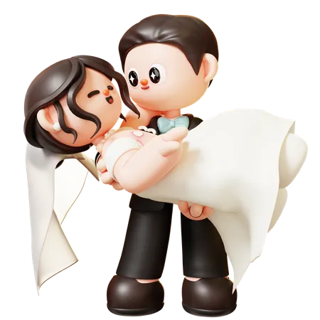 Cute 3 D Cartoon Just Married Couple Groom Carries Bride In Arms Couple In Love Wedding Marriage Valentines Day Love And Romantic Concept 3D Illustration