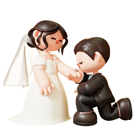 Cute 3 D Cartoon Groom Kiss Bride Hand Couple In Love Wedding Marriage Valentines Day Love And Romantic Concept 3D Illustration