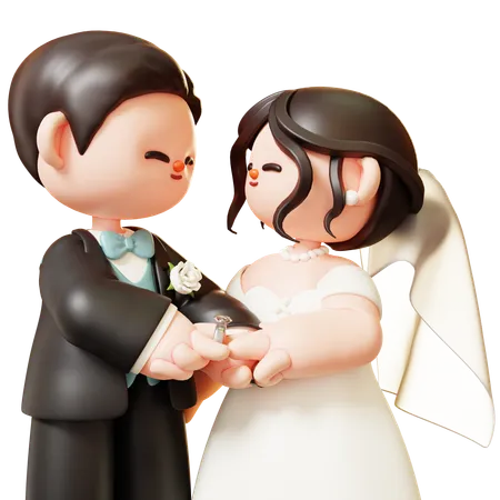 Cute 3 D Cartoon Groom Wears Wedding Ring Couple In Love Wedding Marriage Valentines Day Love And Romantic Concept 3D Illustration