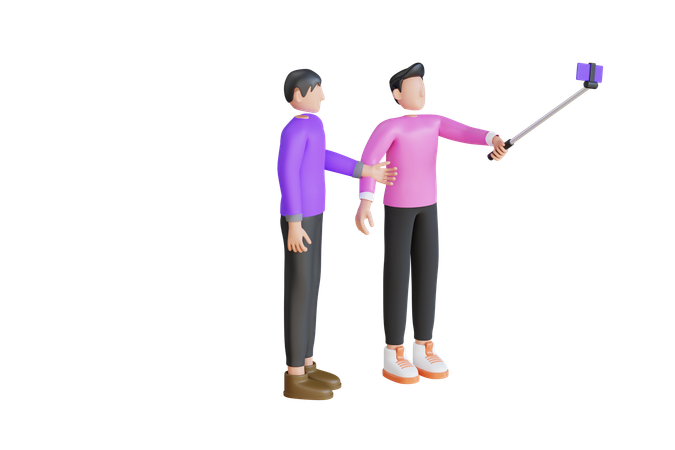 Group Friends Taking Selfie With Selfie Stick  3D Icon