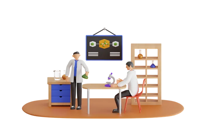 3 D Illustration Of Group Of Scientists Working At The Laboratory Scientist Team Working Together Researchers In Uniform Making Chemical Experiments In Laboratory 3D Illustration