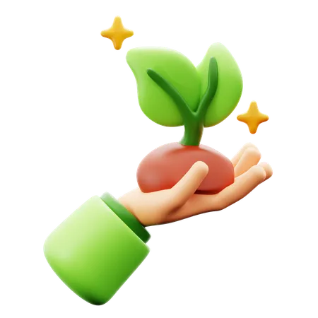 Hand Hold Small Green Tree Young Plant Grow From The Mud And Person Keeps It In His Palm Green Energy And Sustainable Lifestyle Concept Save The Planet Ecology 3 D Icon Illustration Render Design 3D Icon