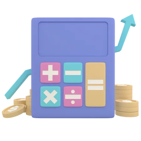 3 D Rendering Of A Money Saving Concept Calculator With An Arrow Graph And Coin Stack 3D Icon