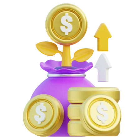 3 D Render Financial Growth Featuring Golden Dollar Coins Sprouting From A Purple Bag Like A Plant With Upward Arrows Representing Rising Wealth And Investment Returns 3D Icon