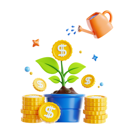 Growth of Wealth Illustrated Through Coins and a Plant  3D Icon