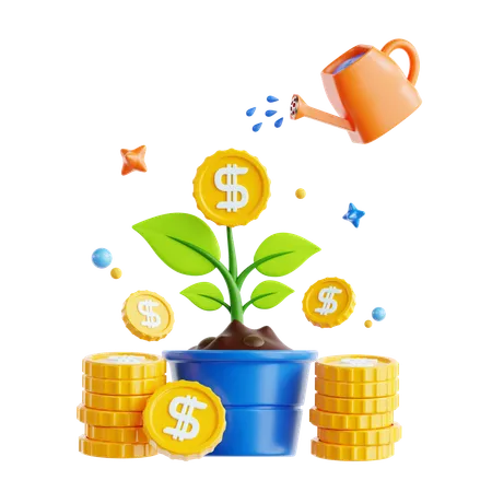 Growth of Wealth Illustrated Through Coins and a Plant  3D Icon